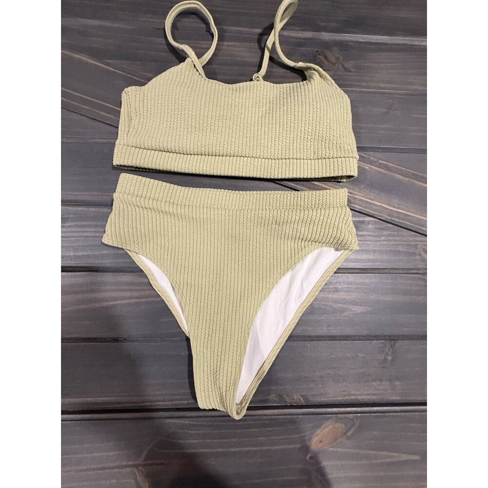 Ribbed Textured High-Waisted Bikini Set In Sage Green Medium Polyester & Elastan
